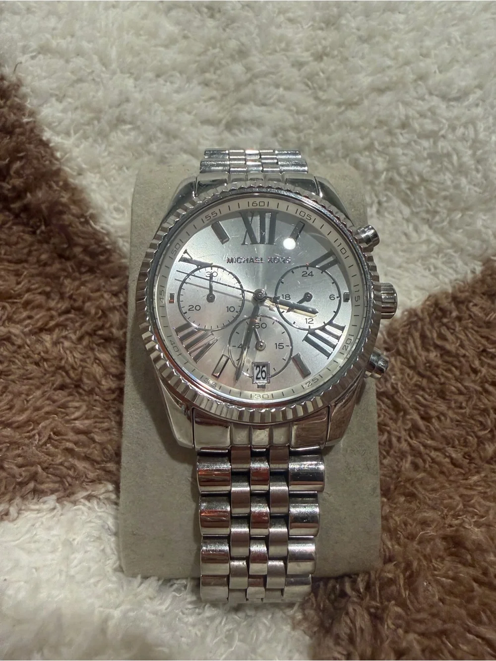 Michael Kors Silver Tone Stainless Steel Chronograph Watch with Rose Dial